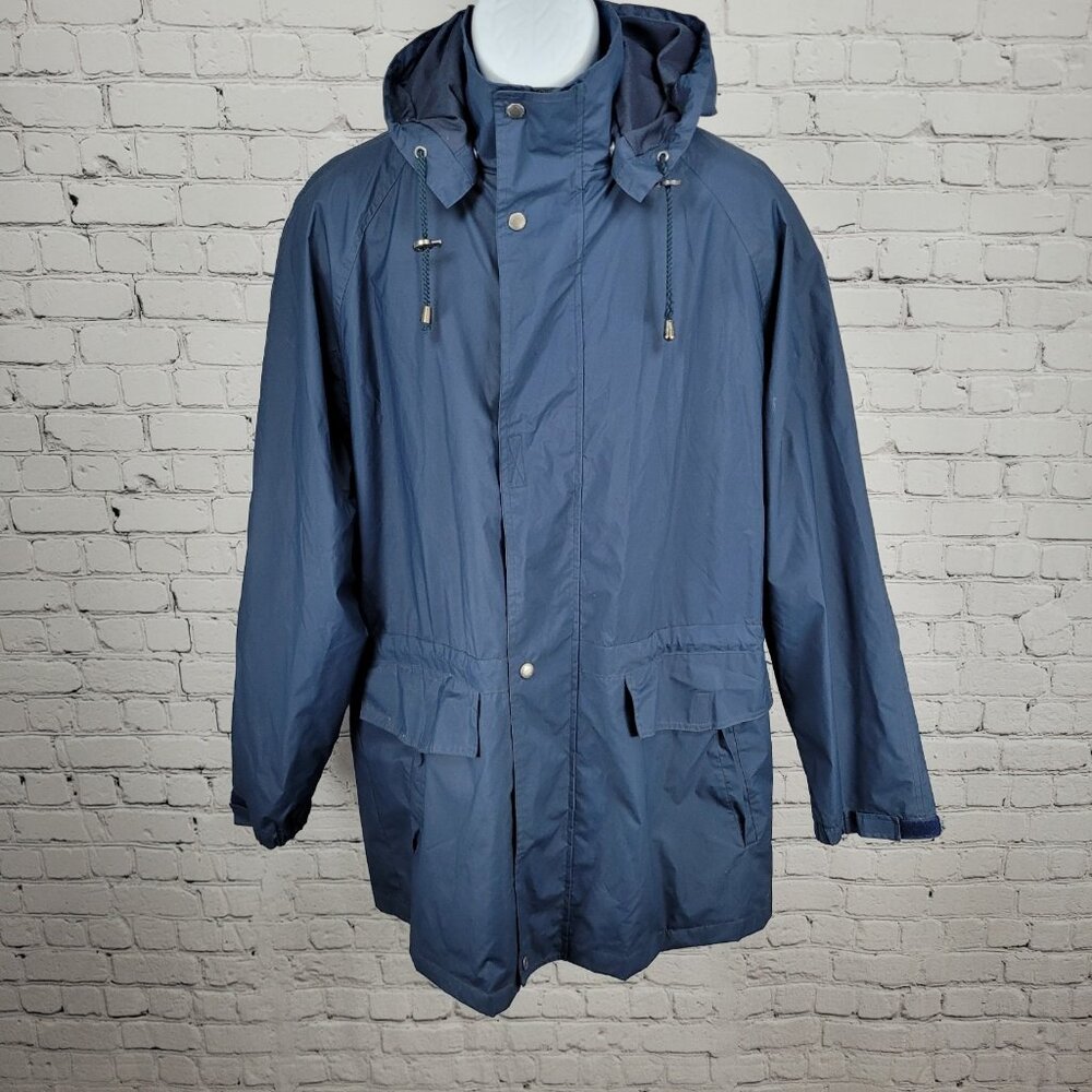 London Fog Blue Hooded Full Zip Snap Pockets Lined Long Rain Coat Jacket Medium